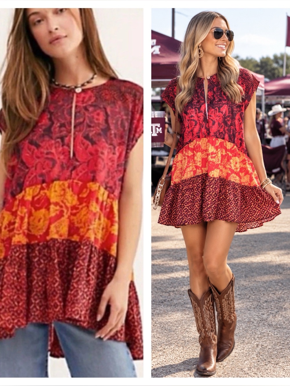 Free People Gotta Have You Red and Orange Floral Batik Print Tunic Top